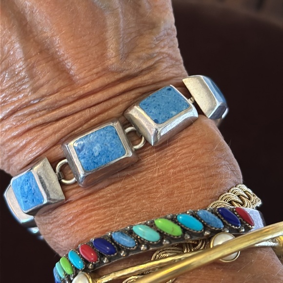 Vintage Sterling Silver Mexico 925 polished turquoise or lapis 9 stone bracelet - Picture 8 of 9